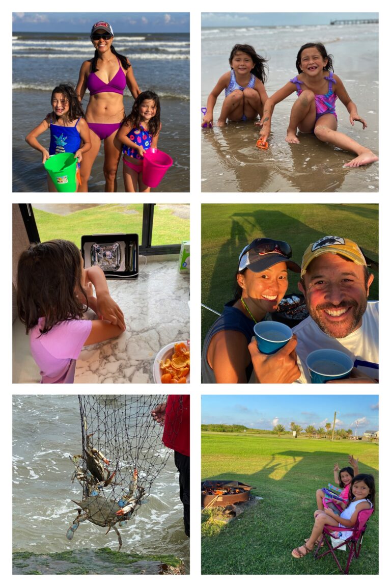 Photo collage from a camping trip at Quintana Beach — the girls in the surf, crabbing, and an evening campfire