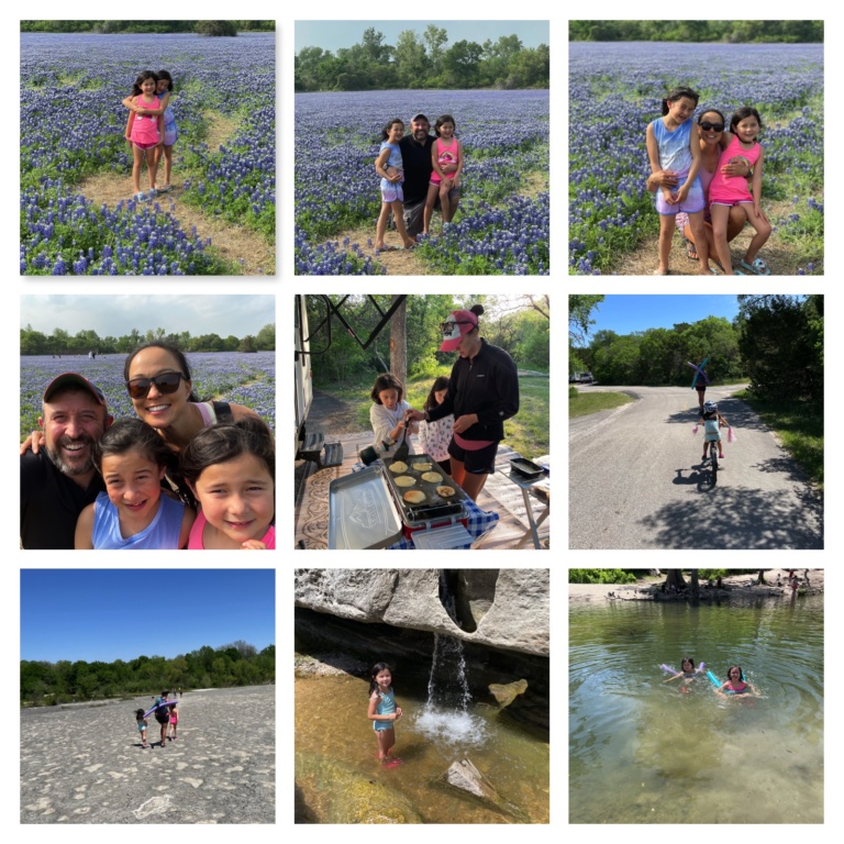 Photo collage from a camping trip near Austin — bluebonnet fields, family portraits, cooking outdoors and a creek