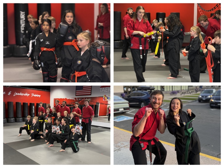 Four photos from a taekwondo belt graduation