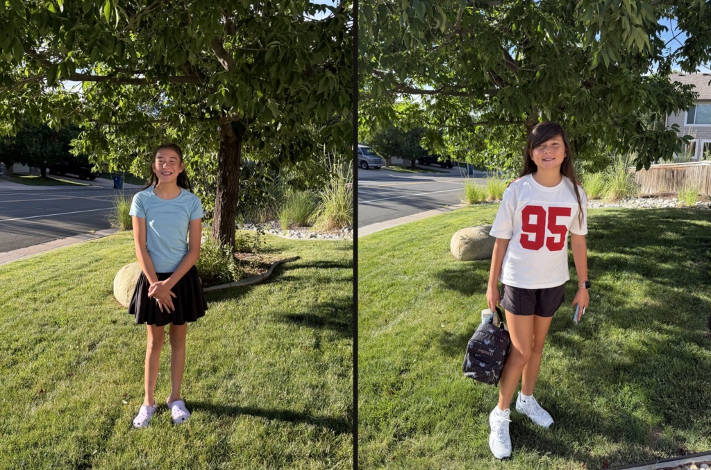 Harlow and Ava on their first day of school, August 19, 2026