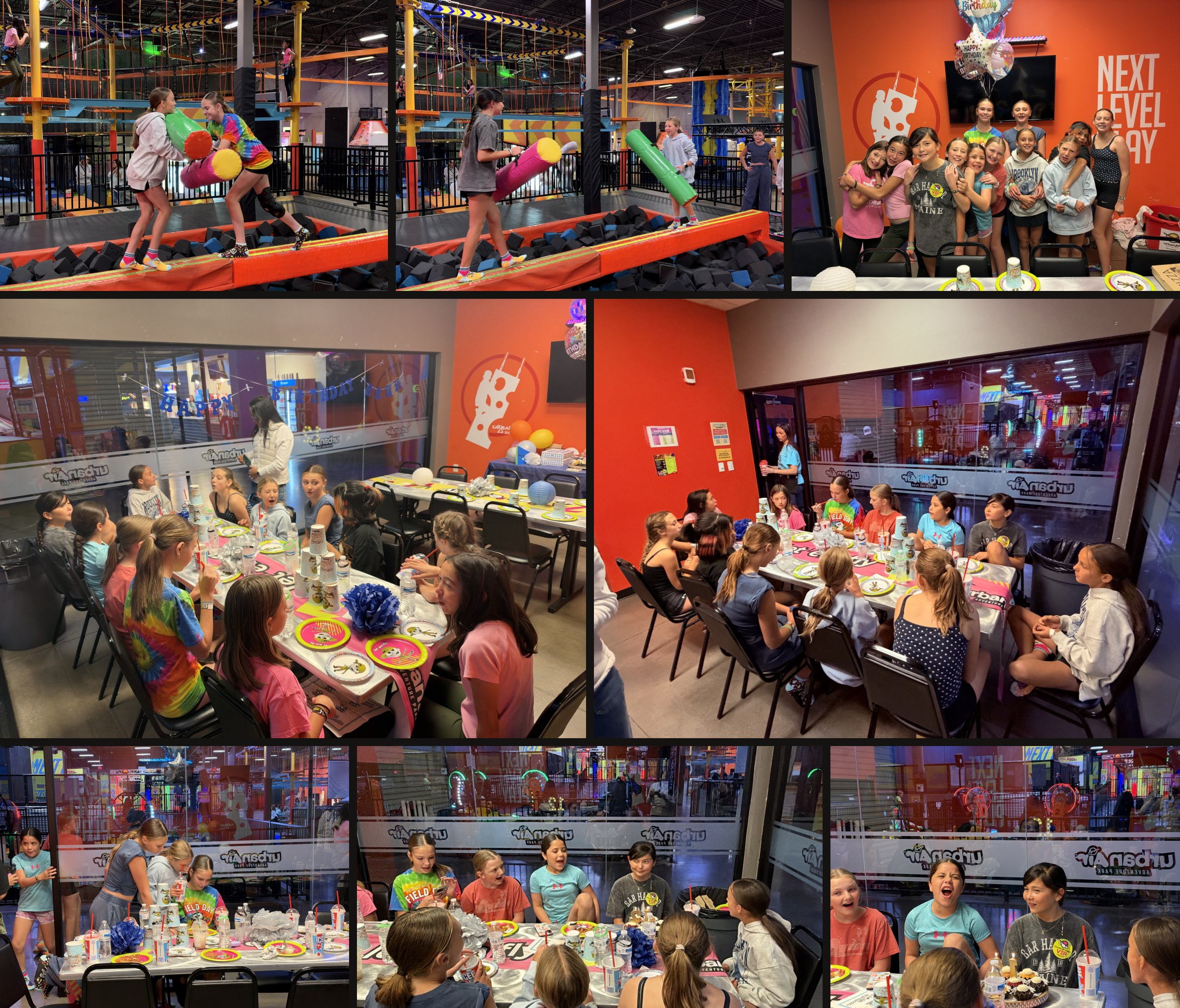Harlow's 12th birthday party at Urban Air: jousting over the foam pit, the party room and Bundt cakes