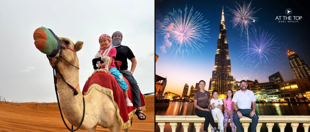 A camel ride in the Dubai desert and the family at the top of the Burj Khalifa with fireworks