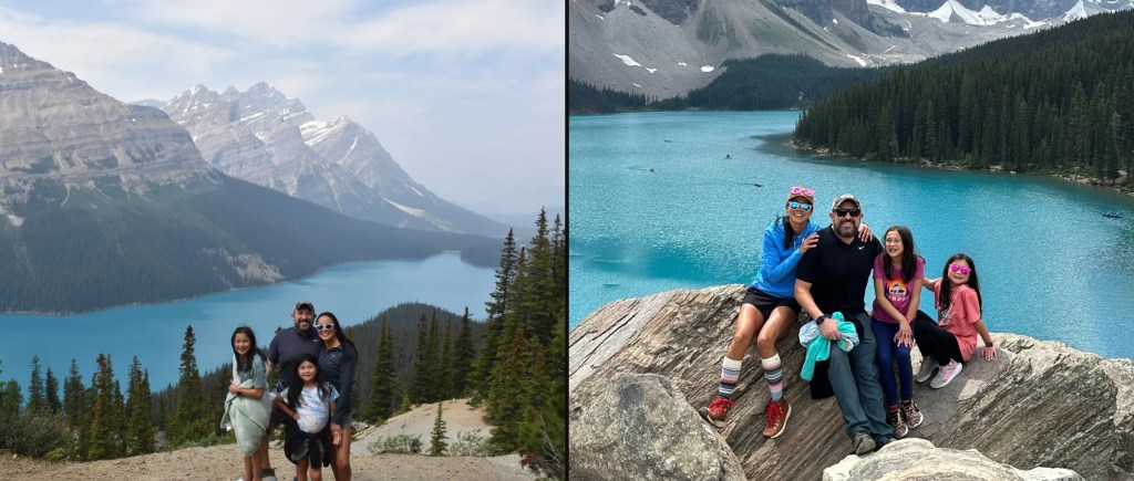 The family at the Peyto Lake lookout and on the rocks at Moraine Lake, June 2023