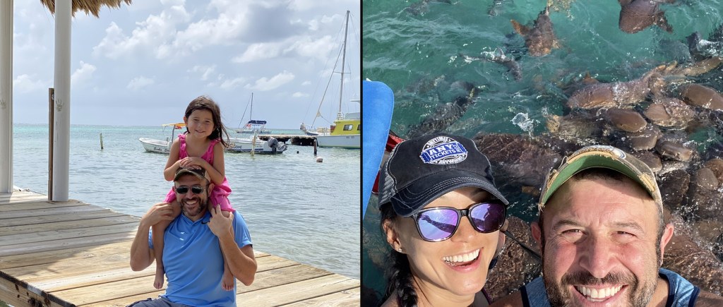David with Harlow on his shoulders on the dock and David and Christine snorkeling with nurse sharks, Belize, October 2019