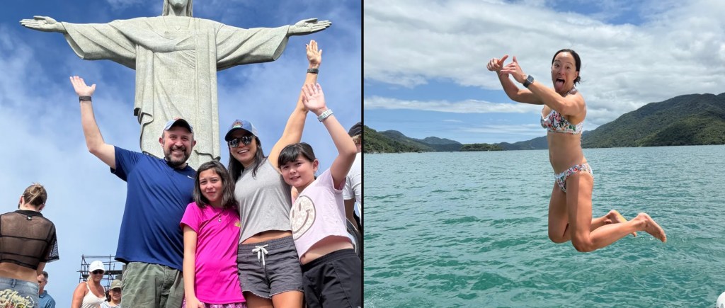 The family at Christ the Redeemer and jumping off the boat into the water in Brazil, winter 2024–25