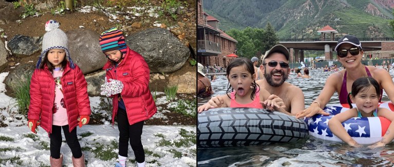 Ava and Harlow in June snow in Breckenridge and the family tubing at Glenwood Hot Springs, Colorado, June 2019