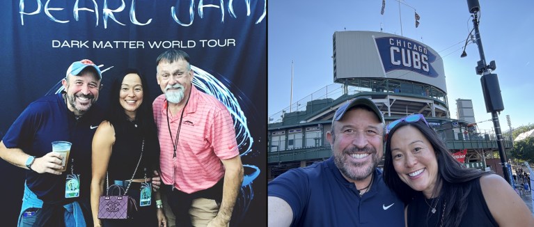 Dave, Christine and Uncle George at Pearl Jam, and Dave and Christine outside Wrigley Field
