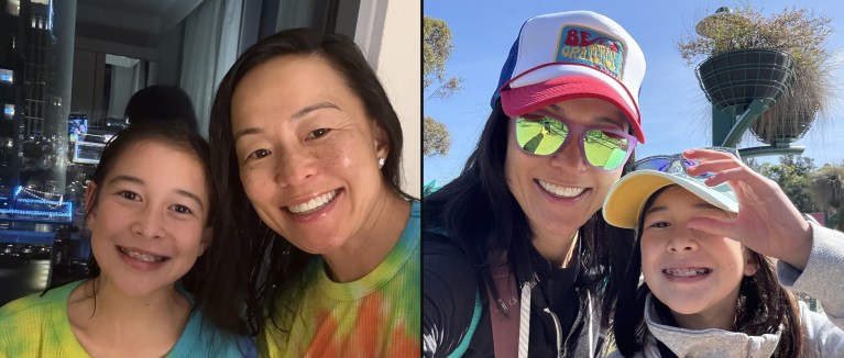 Christine and Ava in matching tie-dye at the hotel, and a selfie at the San Diego Zoo