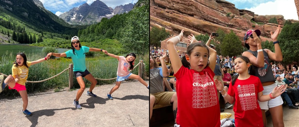 Christine and the girls at the Maroon Bells and the girls at Red Rocks Amphitheatre, July 2022