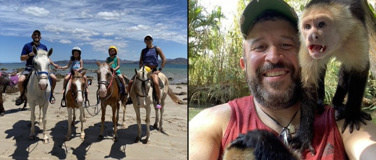 The family on horseback on the beach in Guanacaste and Dave with capuchin monkeys on the mangrove tour, Costa Rica, spring break 2020