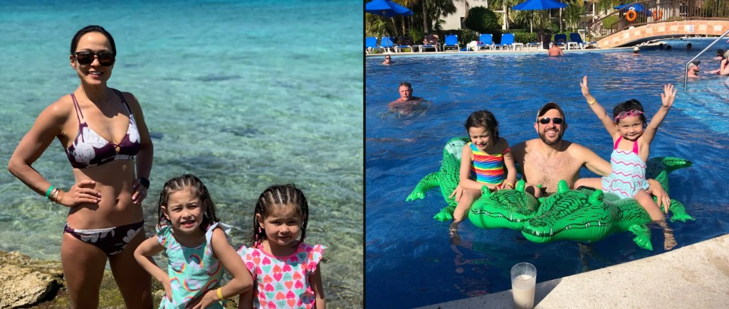 Christine and the girls on the rocky shore and the family on the alligator float in Cozumel, March 2019
