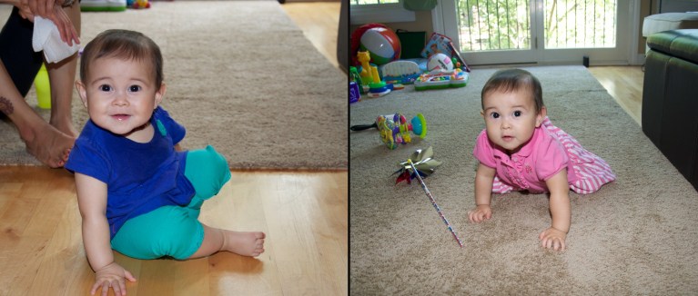 Ava in July 2013, sitting on the floor in a blue outfit and crawling on the rug in pink