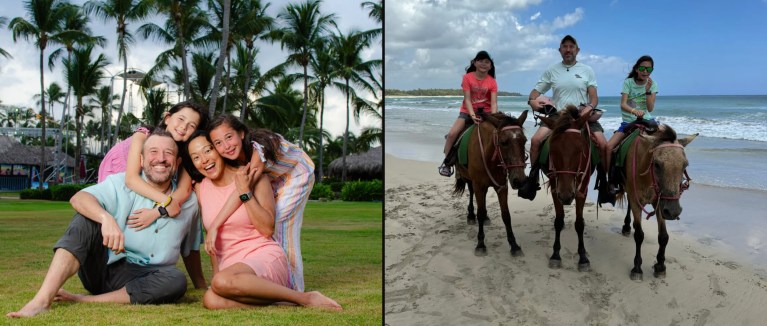 Family photo on the lawn and horseback riding on the beach in the Dominican Republic, March 2024