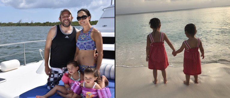 Dave and Christine with Ava and Harlow on the boat and the girls holding hands at the water, Grand Cayman, July 2017