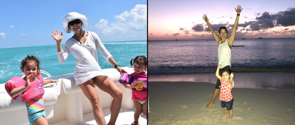 Christine with Ava and Harlow on the boat and dancing on the beach at sunset, Grand Cayman, March 2017