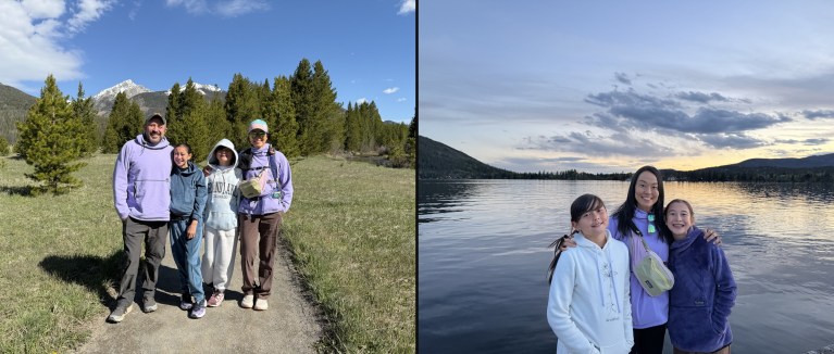 The Jacobs family on a mountain trail and Christine with Ava and Harlow at sunset on Grand Lake, Memorial Day 2026