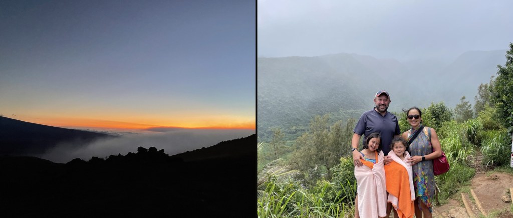 Sunset above the clouds on Mauna Kea and the family at the Pololū Valley lookout, Big Island of Hawaii, summer 2021