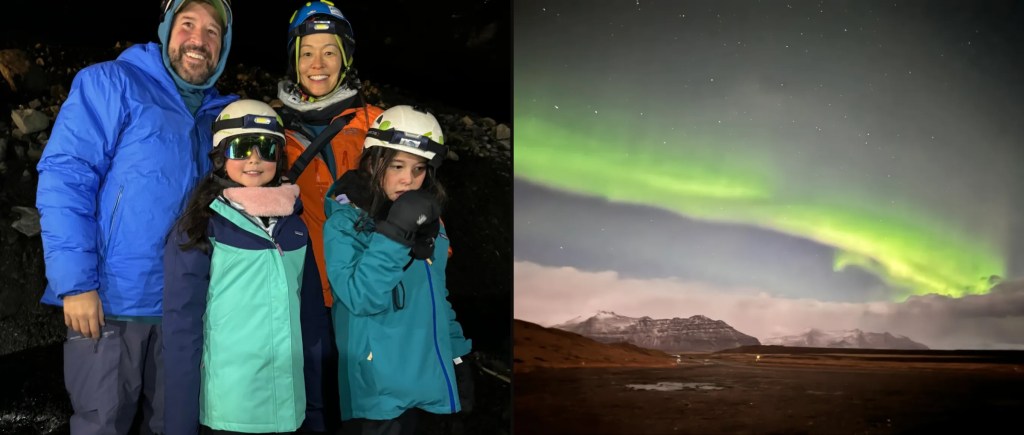 The family inside a glacier ice cave, and the northern lights over the mountains, Iceland, November 2023