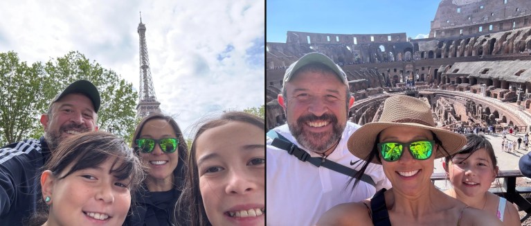 Family selfies at the Eiffel Tower in Paris and inside the Colosseum in Rome, summer 2024