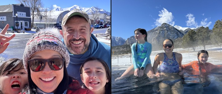 Family selfie in downtown Buena Vista, and Christine with the girls in the hot springs pool below Mount Princeton