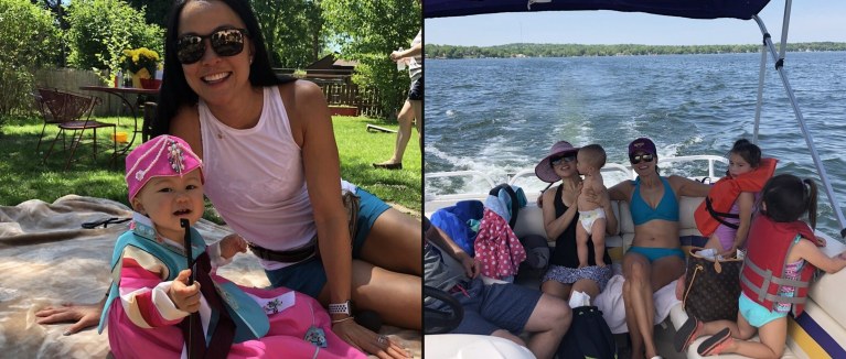 Christine with baby Emily at her Dol and the family on a boat on the lake, Madison, May 2018