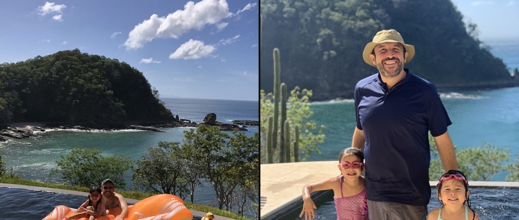 The girls on a float in the infinity pool above the ocean in Nicaragua and Dave with Ava and Harlow at the pool in Costa Rica, December 2018