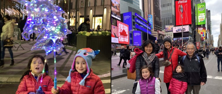 Ava and Harlow with light-up toys at Rockefeller Center and the family in Times Square, New York City, Thanksgiving 2019
