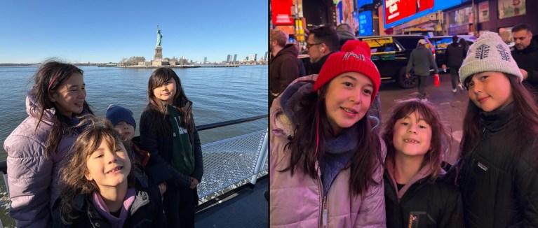 The cousins on the ferry with the Statue of Liberty, and in Times Square at night, February 2026