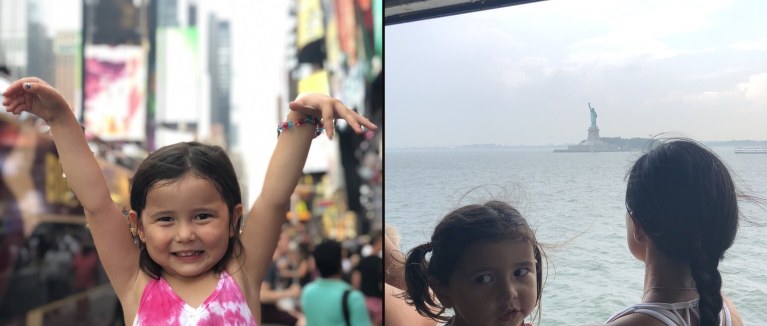 Harlow cheering in Times Square and the girls watching the Statue of Liberty from the ferry, New York City, July 2018
