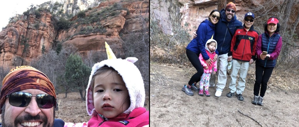 Dave and Harlow in her unicorn hat in Sedona and the family with Grandma and Grandpa on the trail, Arizona, March 2018