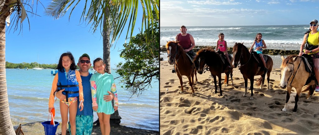 David and the girls on the beach in Fajardo and horseback riding on the beach in Puerto Rico, March 2022