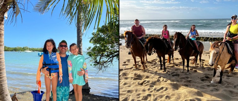 David and the girls on the beach in Fajardo and horseback riding on the beach in Puerto Rico, March 2022