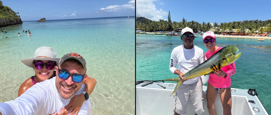 David and Christine on the beach and Christine with her mahi-mahi in Roatan, Honduras, August 2025