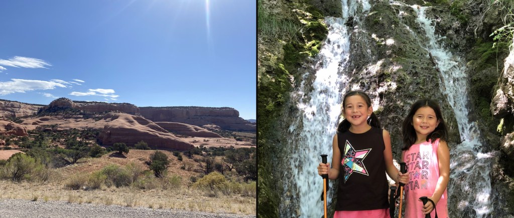 Red rock country on the road trip and Ava and Harlow at a waterfall near Salt Lake City, summer 2020