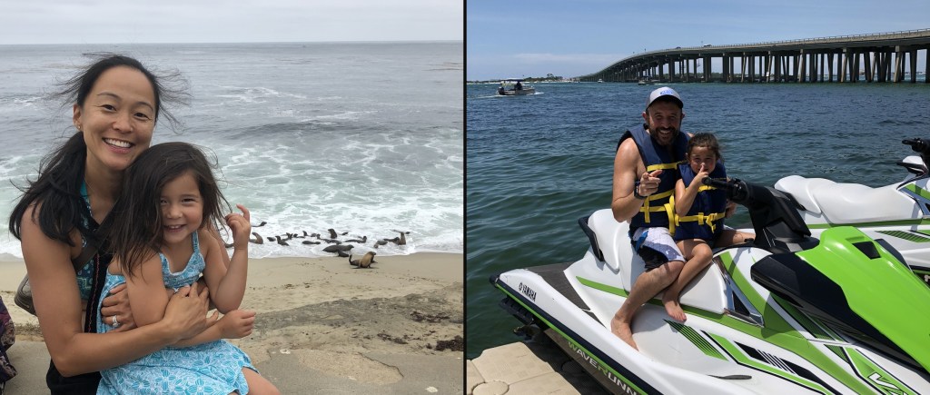 Christine and Harlow with the sea lions in La Jolla, and Dave and Ava on a jet ski in Destin, July 2018