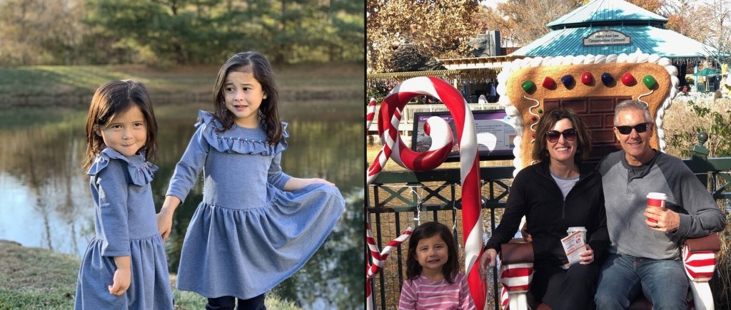 Ava and Harlow by the pond and the family on the giant gingerbread throne at the St. Louis Zoo, Thanksgiving 2018