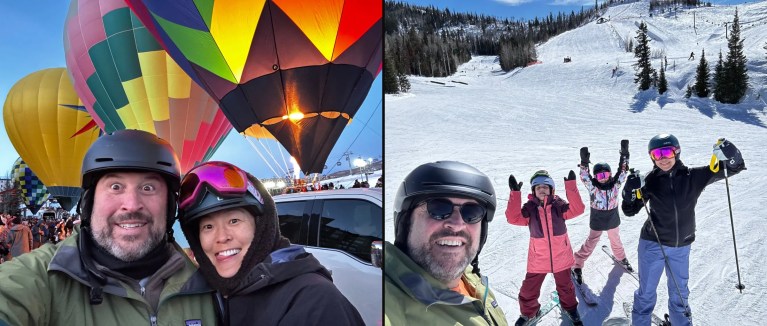 Selfie in front of glowing hot air balloons and the girls skiing in Steamboat, February 2023