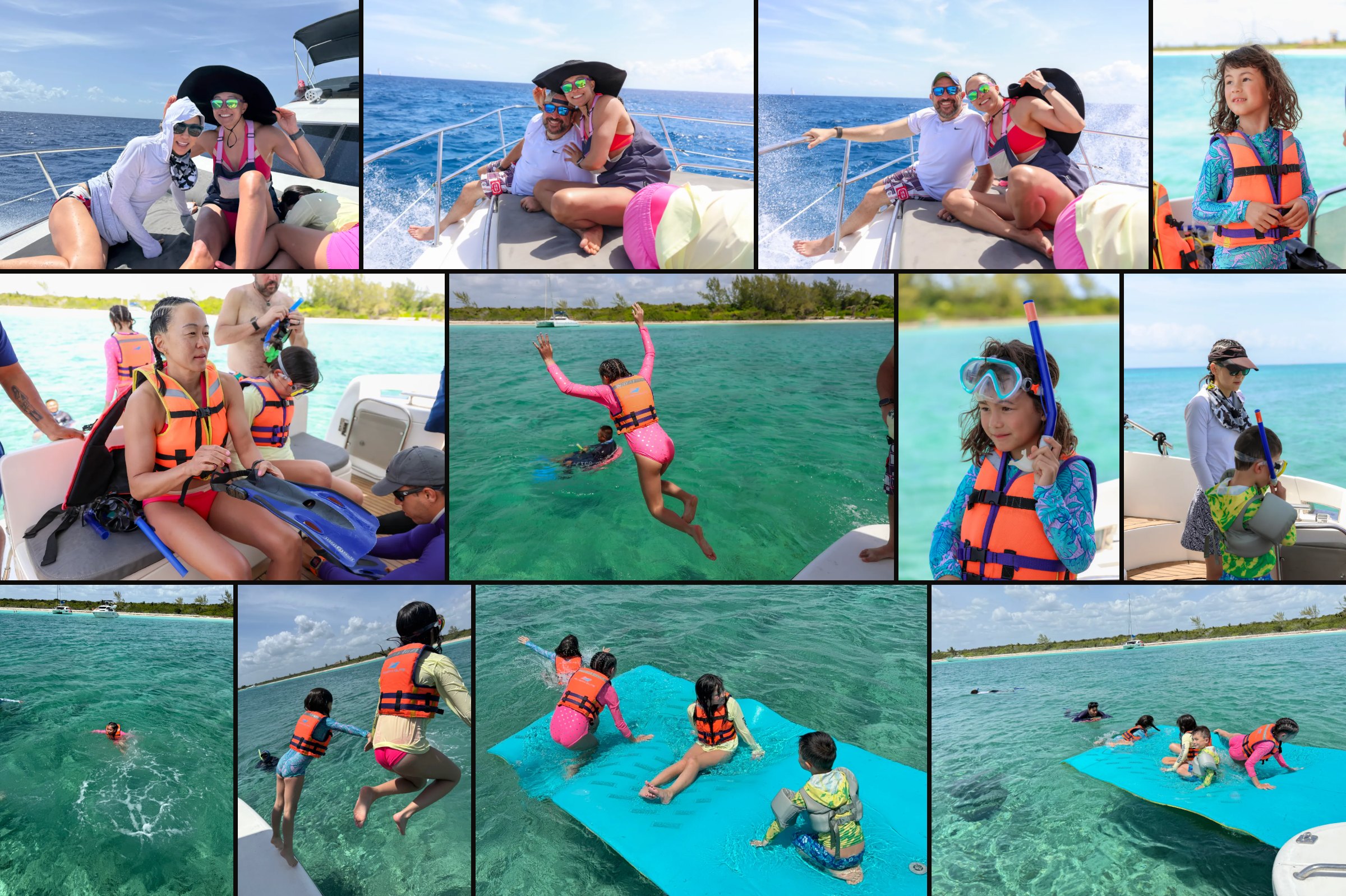 Kids jumping off the boat, snorkeling and floating on the water mat in Tulum, March 2025
