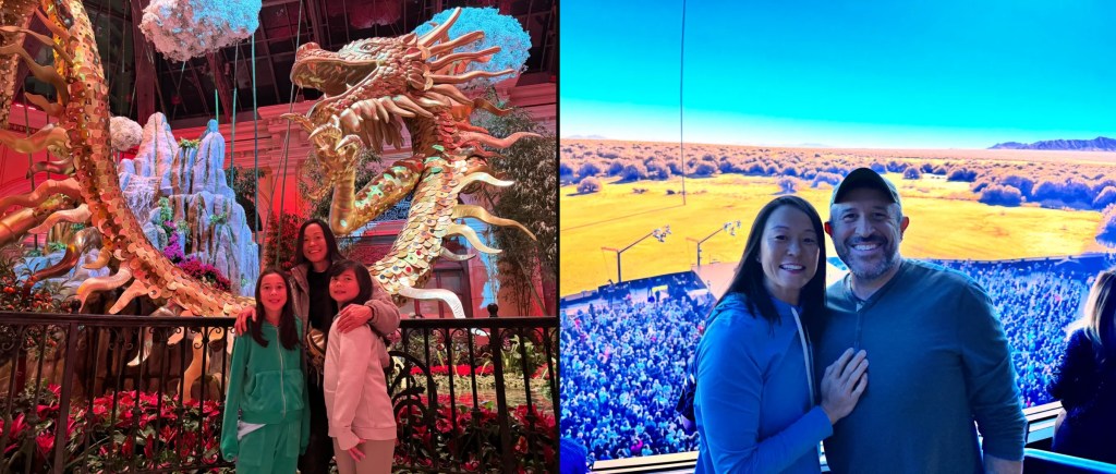 The girls with the Lunar New Year dragons at the Bellagio and Christine and David at U2 at the Sphere, February 2024