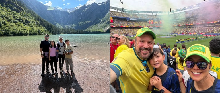 The family at a glacier lake in Glacier National Park, and cheering for Brazil at the World Cup, July 2026